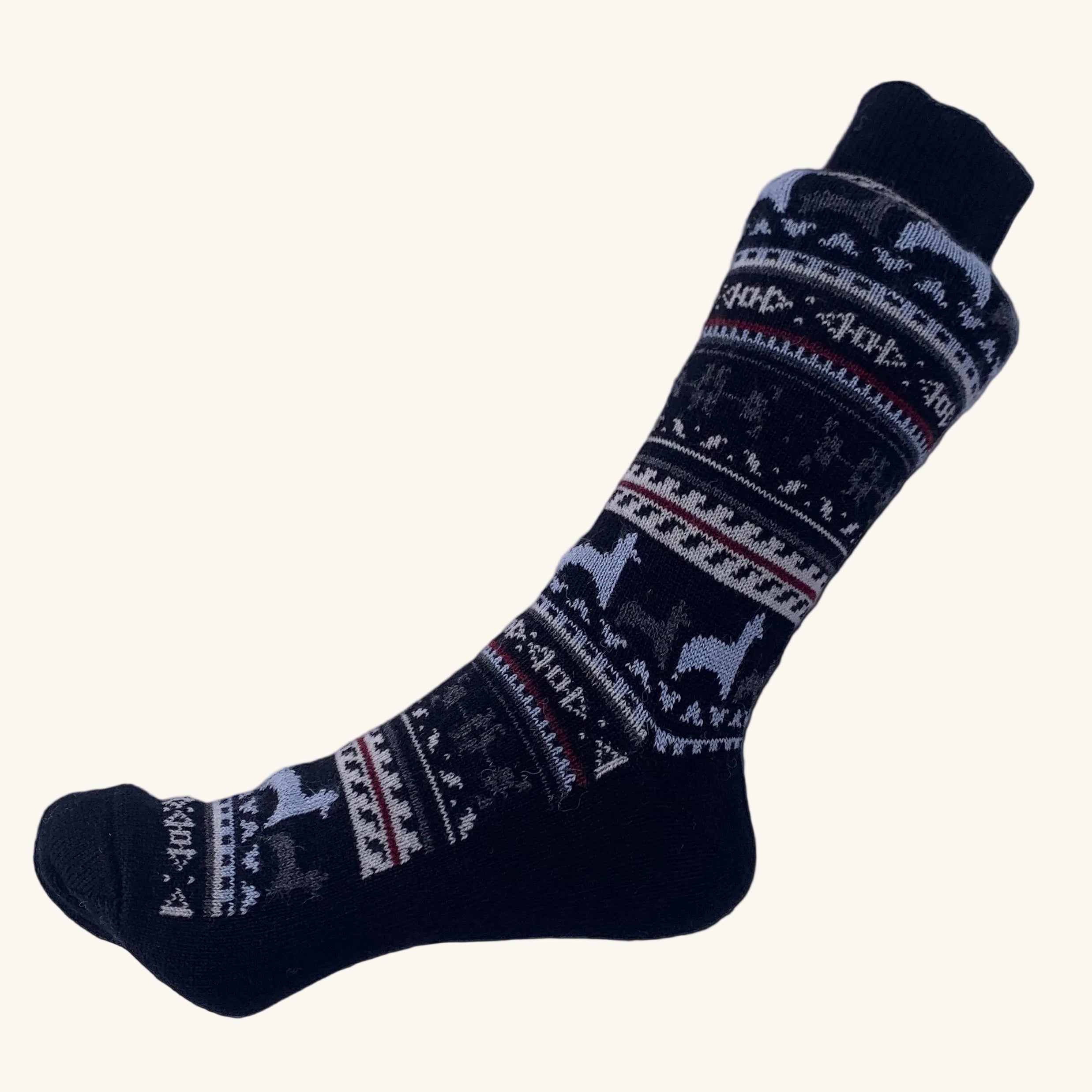 Black sock with white pattern on a white background