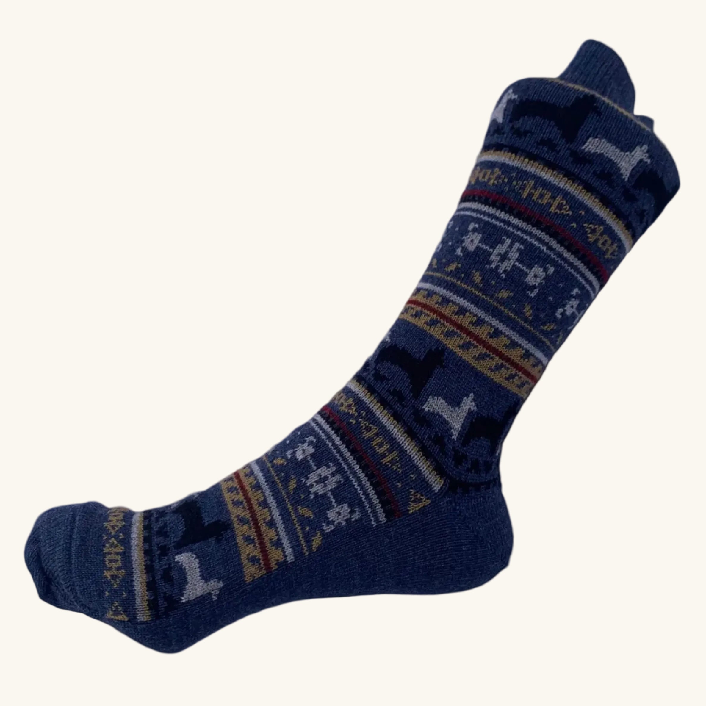 Blue patterned sock on a white background