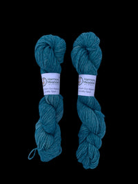 Two skeins of blue and green yarn with labels on a white background