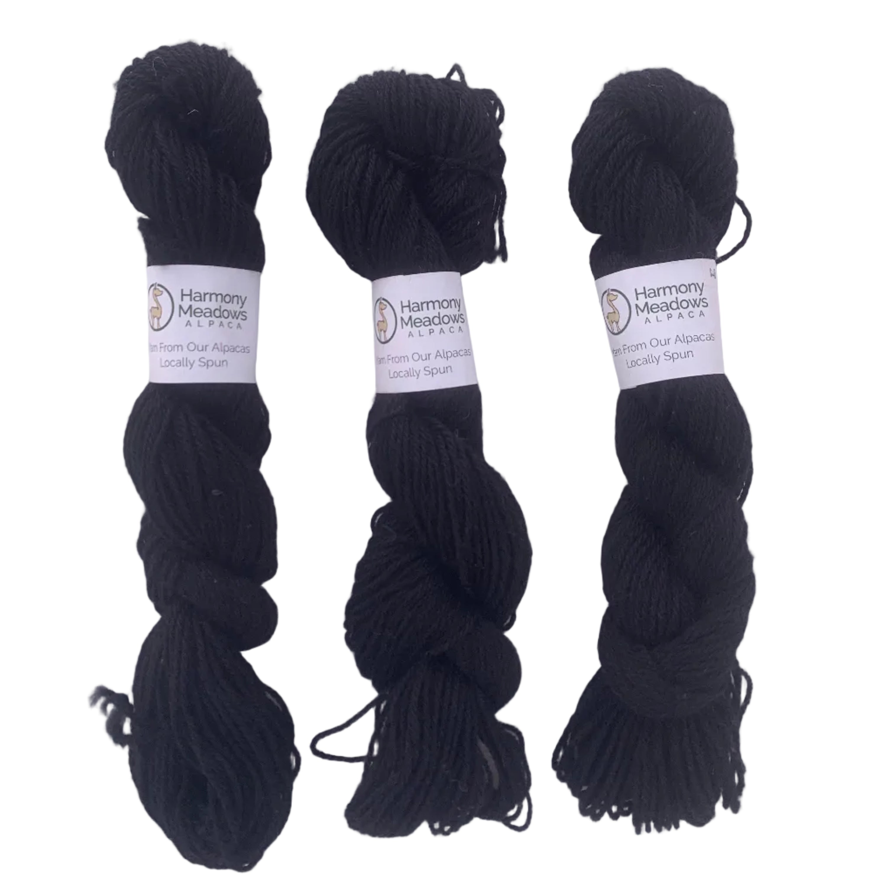 Three skeins of black yarn with labels on a white background