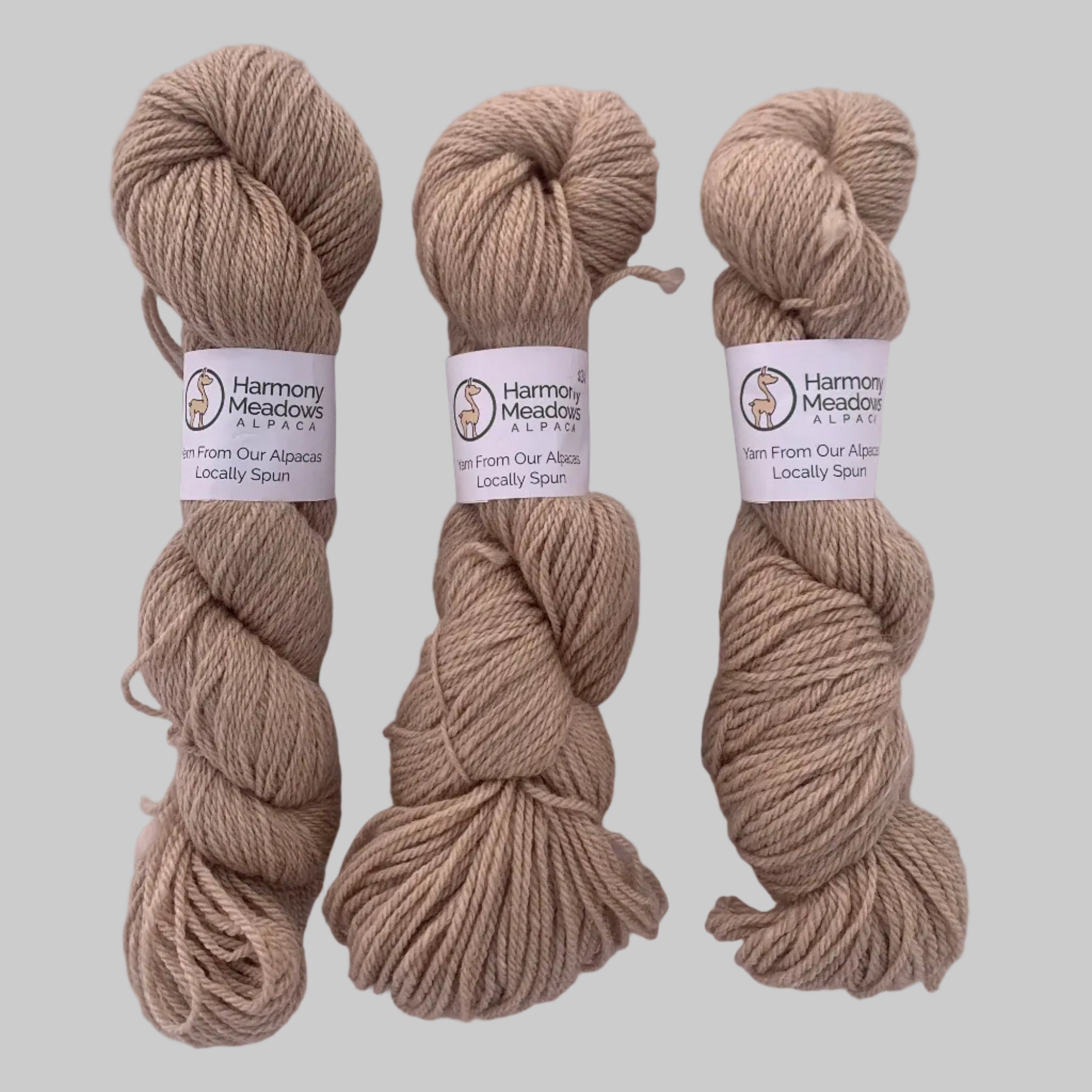 Three skeins of beige yarn with labels on a white background