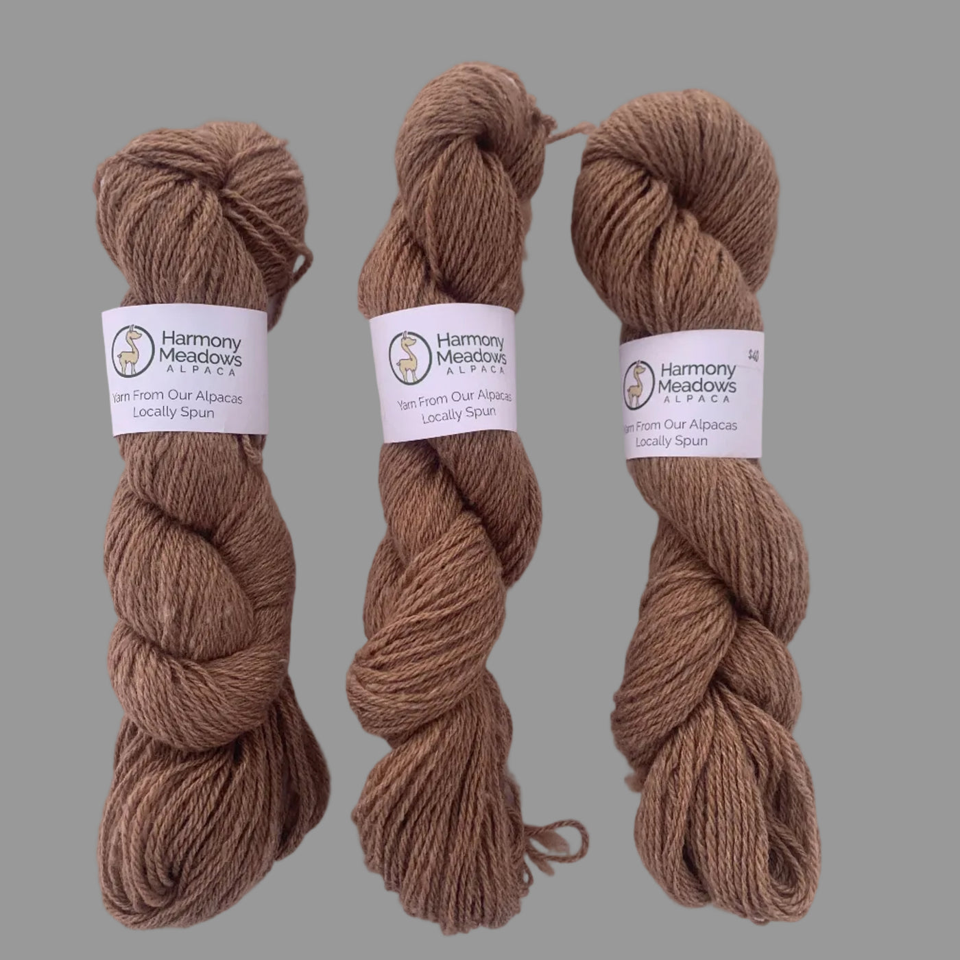 Three skeins of brown yarn with labels on a white background