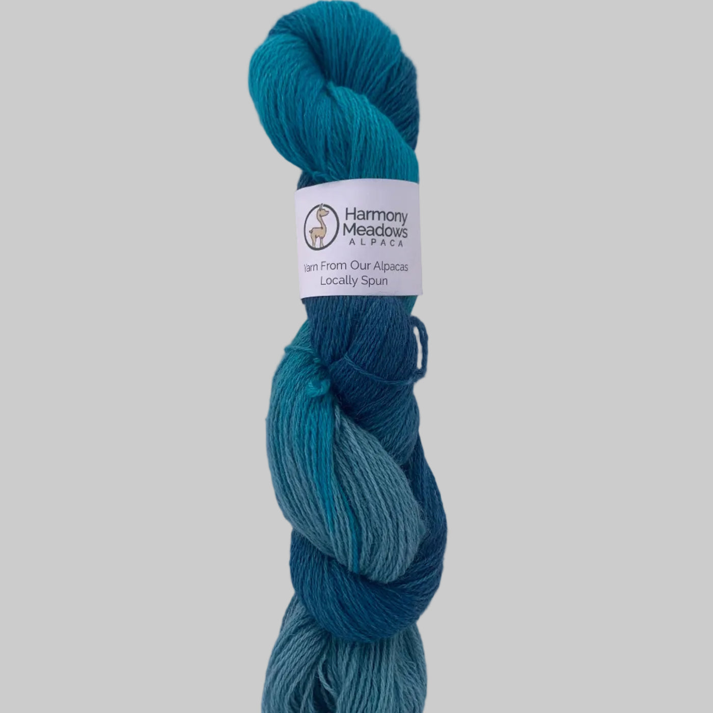 Blue skein of yarn with a label on a light gray background