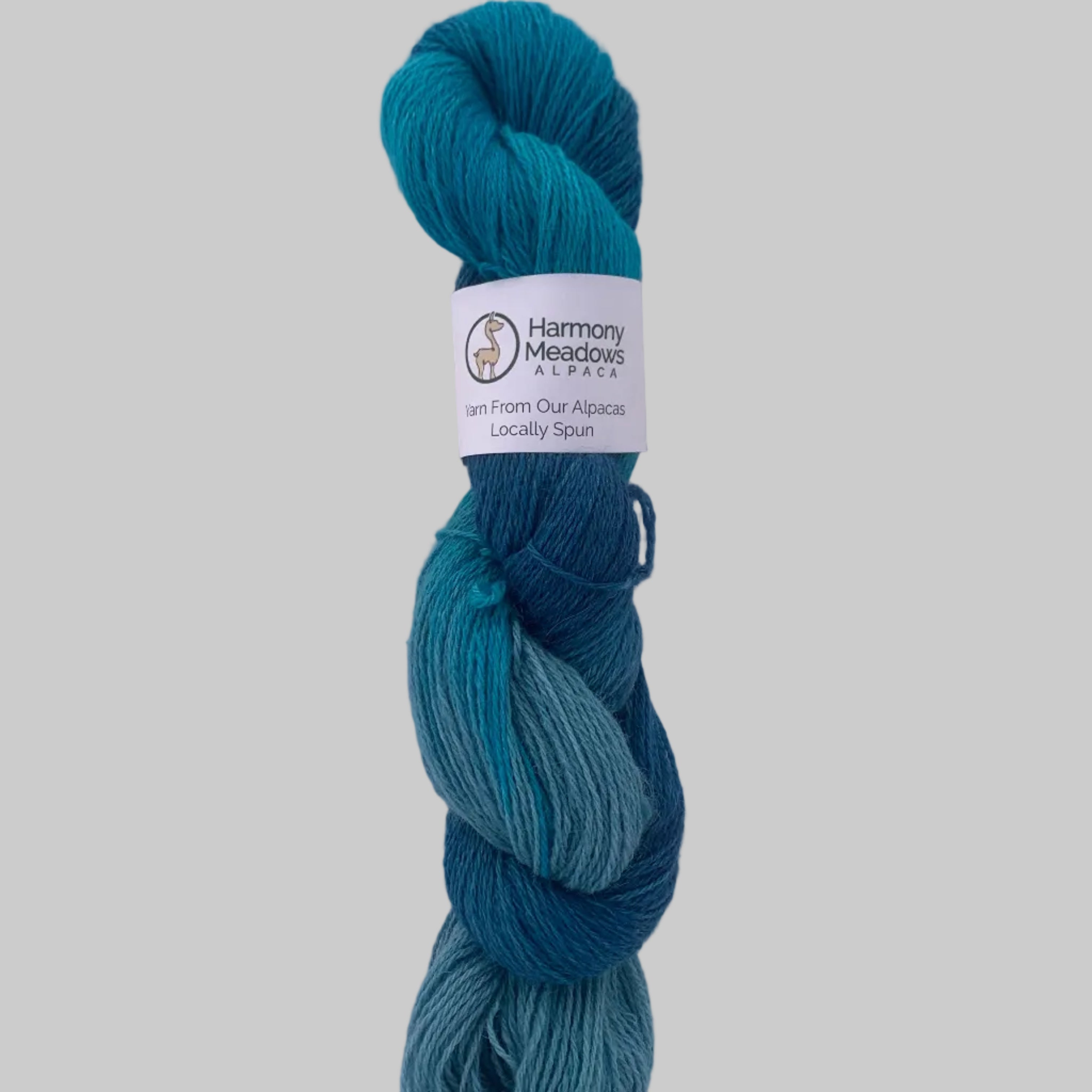 Blue skein of yarn with a label on a light gray background