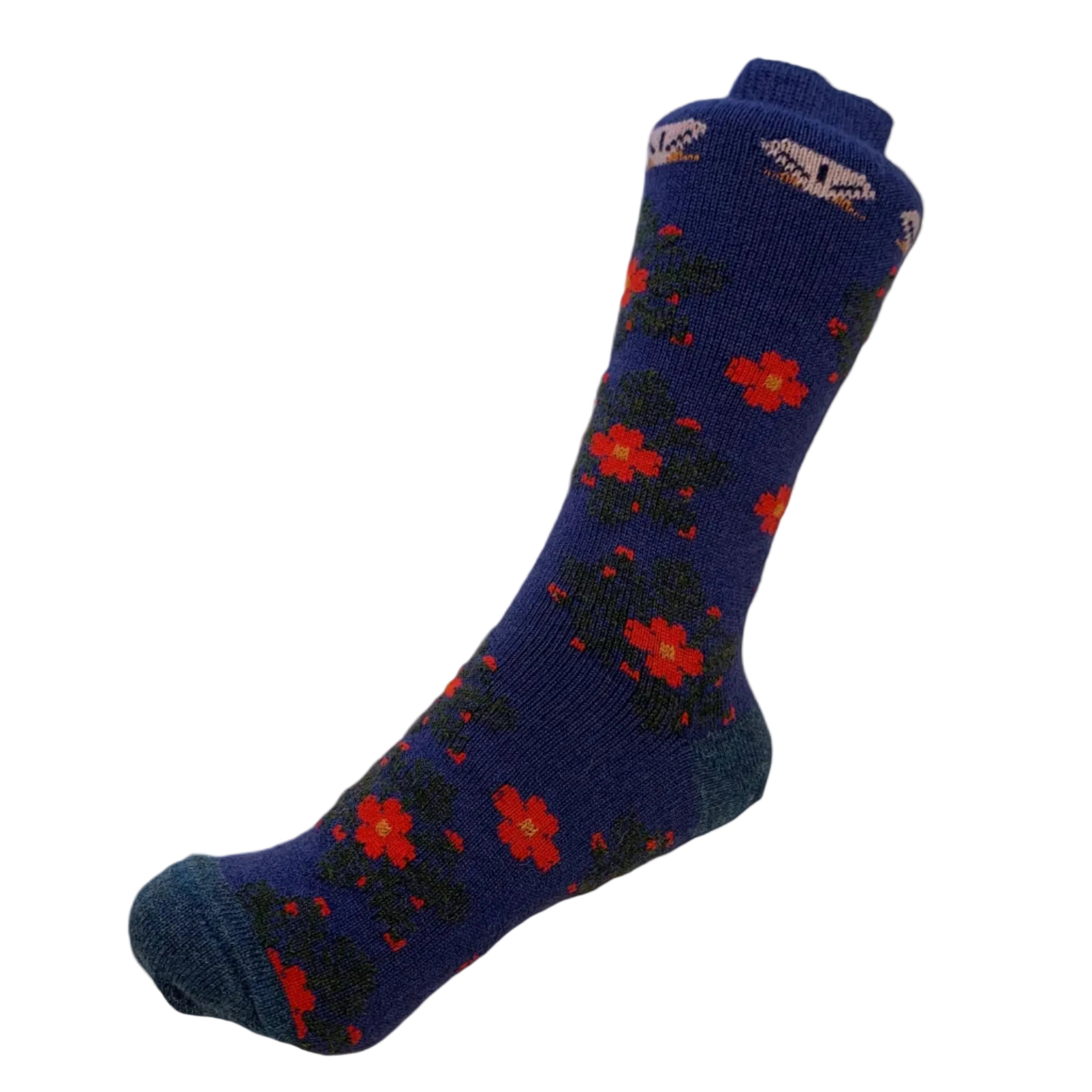 Blue sock with red floral pattern on a white background