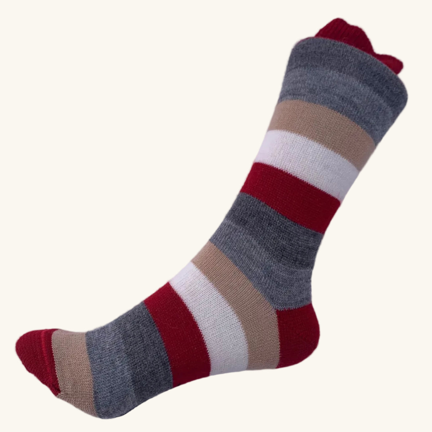 Striped sock with red, gray, beige, and white colors on a white background