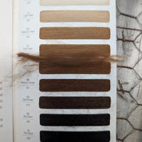 Hair color swatch with brown hair sample on a white background